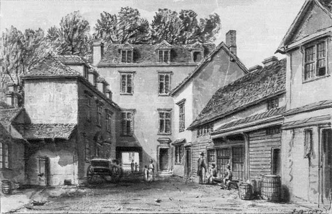 The Greyhound inn yard at the corner of High Street and Longwall Street, 1820
