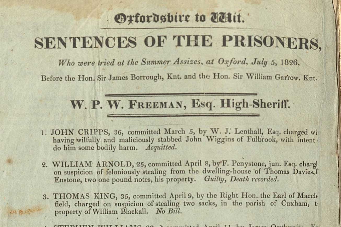 Sentences of the Prisoners at Summer Assizes, 1826, including a number of ‘death recorded’ sentences